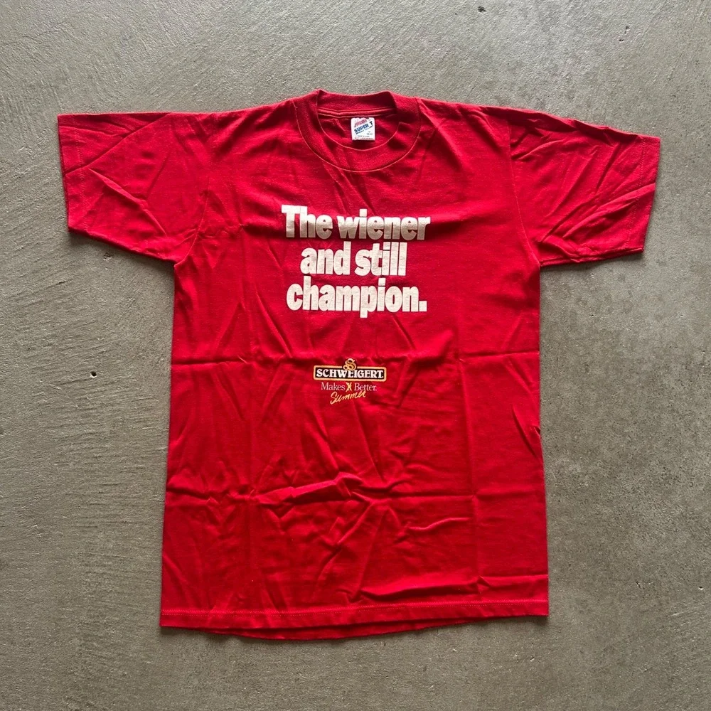Vintage 80s Schweigert Meats Shirt Size Medium Red Wiener Champion Hot Dog